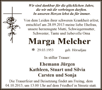 Traueranzeige von Marga Melcher von WVG - Wochenspiegel Dessau / Köthen