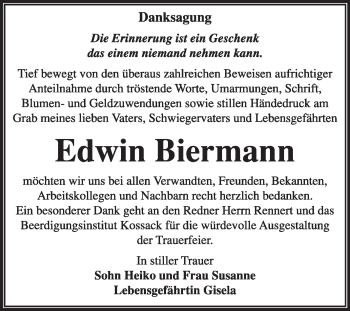 Traueranzeige von Edwin Biermann von Super Sonntag Dessau / Köthen