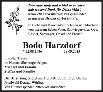 Traueranzeige von Bodo Harzdorf von Super Sonntag Dessau / Köthen