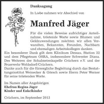 Traueranzeige von Manfred Jäger von Super Sonntag Bernburg