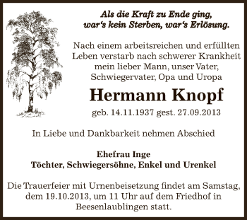 Traueranzeige von Hermann Knopf von Super Sonntag Bernburg