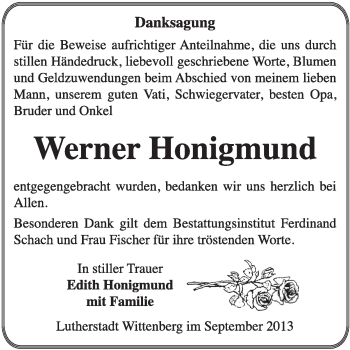 Traueranzeige von Werner Honigmund von Super Sonntag Wittenberg