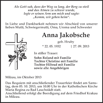 Traueranzeige von Anna Jakobsche von WVG - Wochenspiegel Merseburg