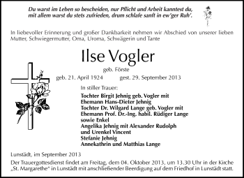 Traueranzeige von Ilse Vogler von WVG - Wochenspiegel Merseburg