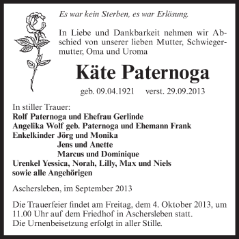 Traueranzeige von Käte Paternoga von WVG - Wochenspiegel Aschersleben