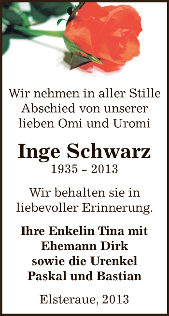 Traueranzeige von Inge Schwarz von Super Sonntag Zeitz