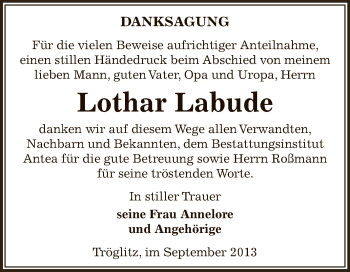 Traueranzeige von Lothar Labude von Super Sonntag Zeitz