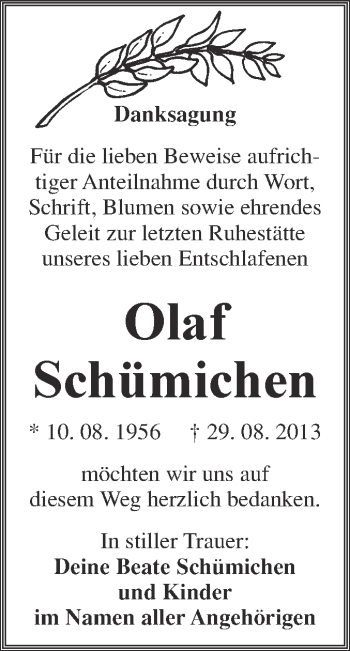 Traueranzeige von Olaf Schümichen von WVG - Wochenspiegel NMB / WSF / ZTZ