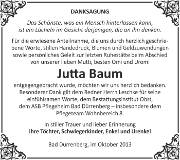 Traueranzeige von Jutta Baum von Super Sonntag Merseburg