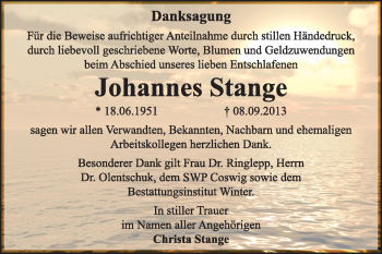 Traueranzeige von Johannes Stange von Super Sonntag Wittenberg