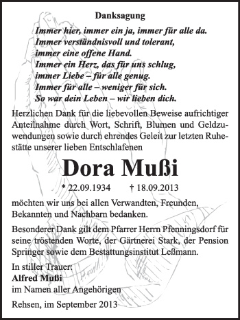 Traueranzeige von Dora Mußi von WVG - Wochenspiegel Wittenberg