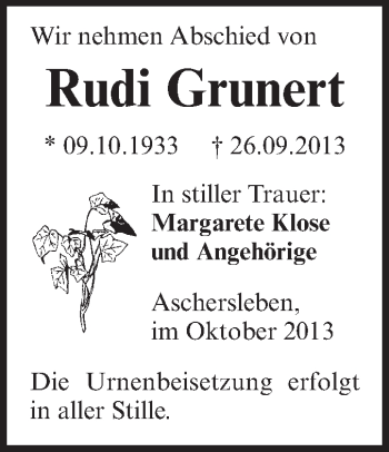 Traueranzeige von Rudi Grunert von WVG - Wochenspiegel Aschersleben
