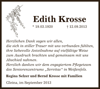 Traueranzeige von Edith Krosse von Super Sonntag Zeitz