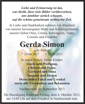 Traueranzeige von Gerda Simon von WVG - Wochenspiegel Aschersleben