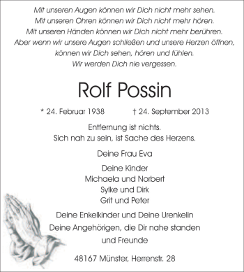 Traueranzeige von Rolf Possin von WVG - Wochenspiegel Aschersleben