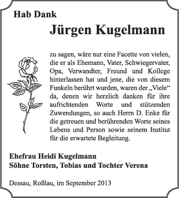 Traueranzeige von Jürgen Kugelmann von Super Sonntag Dessau / Köthen