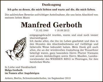 Traueranzeige von Manfred Gerboth von Super Sonntag Zeitz