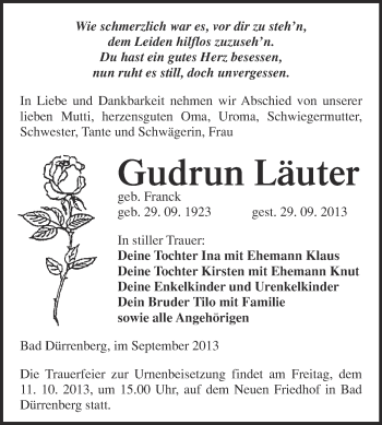 Traueranzeige von Gudrun Läuter von Super Sonntag Merseburg