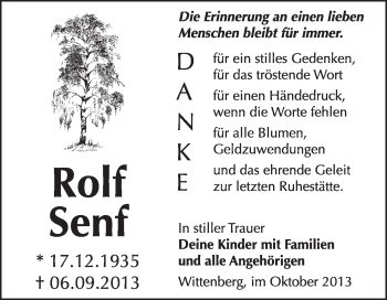Traueranzeige von Rolf Senf von WVG - Wochenspiegel Wittenberg