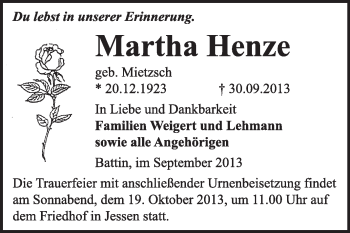 Traueranzeige von Martha Henz von WVG - Wochenspiegel Wittenberg