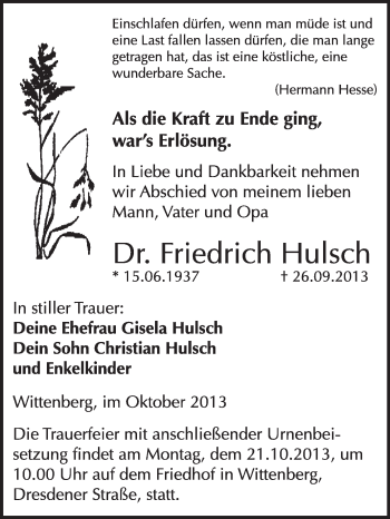 Traueranzeige von Friedrich Hulsch von WVG - Wochenspiegel Wittenberg