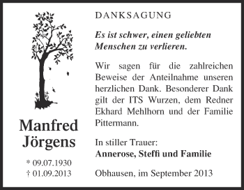 Traueranzeige von Manfred Jörgens von WVG - Wochenspiegel Merseburg