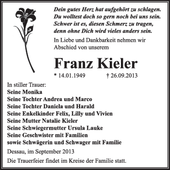 Traueranzeige von Franz Kieler von Super Sonntag Dessau / Köthen