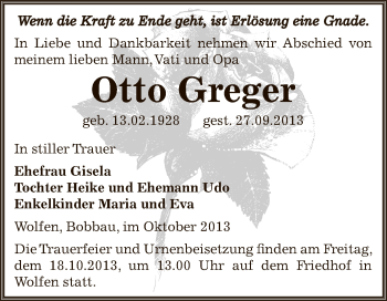 Traueranzeige von Otto Greger von WVG - Wochenspiegel Bitterfeld