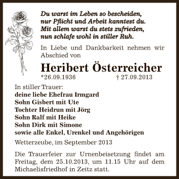 Traueranzeige von Heribert Österreicher von Super Sonntag Zeitz