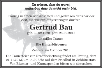 Traueranzeige von Gertrud Bau von WVG - Wochenspiegel Bitterfeld