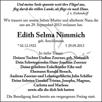 Traueranzeige von Edith Selma Nimmich von Super Sonntag Wittenberg