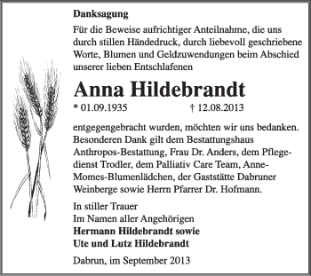 Traueranzeige von Anna Hildebrandt von Super Sonntag Wittenberg