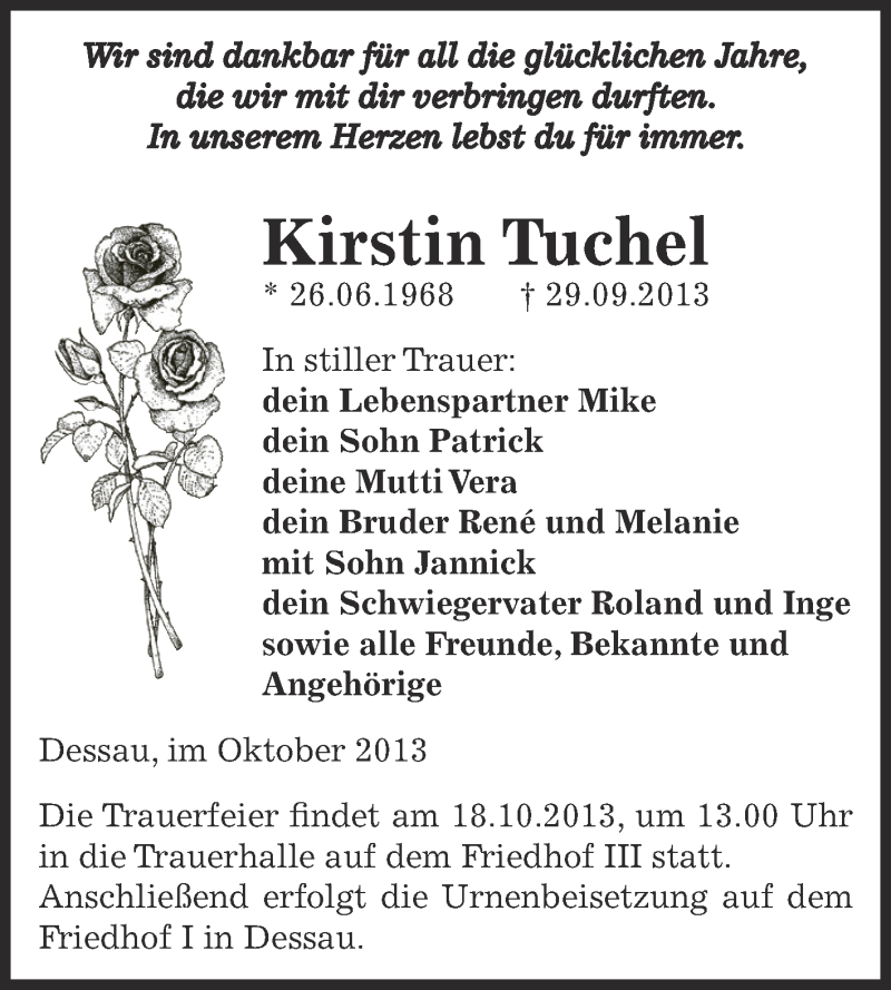  Traueranzeige für Kirstin Tuchel vom 09.10.2013 aus WVG - Wochenspiegel Dessau / Köthen