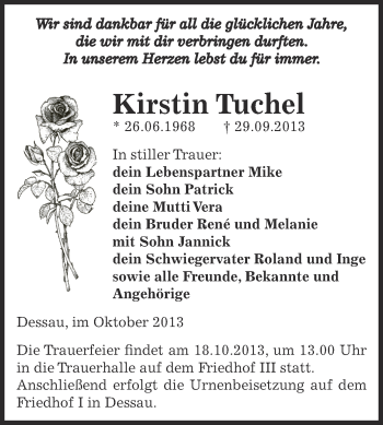 Traueranzeige von Kirstin Tuchel von WVG - Wochenspiegel Dessau / Köthen