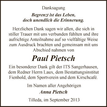 Traueranzeige von Paul Pietsch von Super Sonntag SGH Mansf. Land