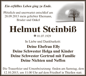 Traueranzeige von Helmut Steinbiß von WVG - Wochenspiegel Dessau / Köthen