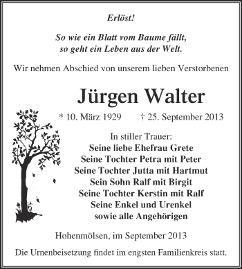 Traueranzeige von Jürgen Walter von WVG - Wochenspiegel NMB / WSF / ZTZ