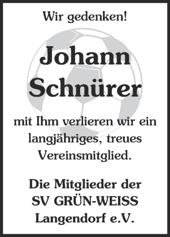 Traueranzeige von Johann Schnürer von WVG - Wochenspiegel NMB / WSF / ZTZ