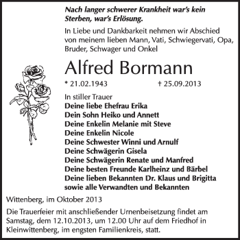 Traueranzeige von Alfred Bormann von WVG - Wochenspiegel Wittenberg