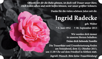 Traueranzeige von Ingrid Radecke von Super Sonntag Dessau / Köthen