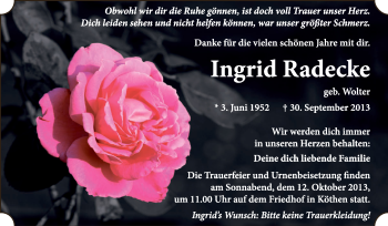 Traueranzeige von Ingrid Radecke von WVG - Wochenspiegel Dessau / Köthen