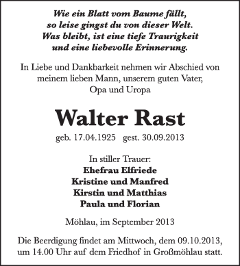 Traueranzeige von Walter Rast von WVG - Wochenspiegel Wittenberg