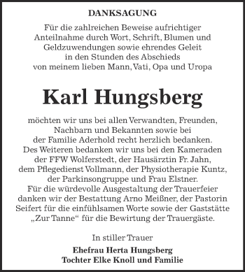 Traueranzeige von Karl Hungsberg von Super Sonntag SGH Mansf. Land