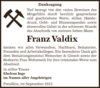 Traueranzeige von Franz Valdix von Super Sonntag Bernburg