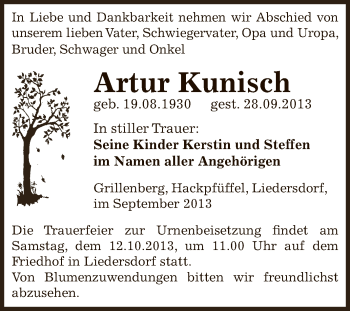Traueranzeige von Artur Kunisch von Super Sonntag SGH Mansf. Land