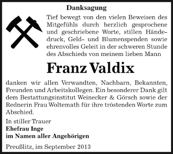 Traueranzeige von Franz Valdix von Super Sonntag Bernburg