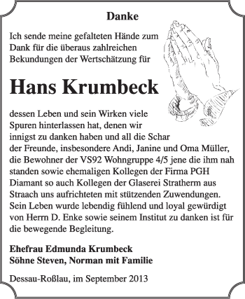 Traueranzeige von Hans Krumbeck von Super Sonntag Dessau / Köthen