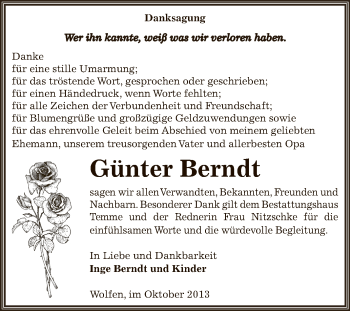 Traueranzeige von Günter Berndt von WVG - Wochenspiegel Bitterfeld