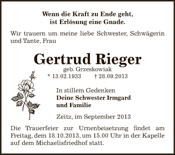 Traueranzeige von Gertrud Rieger von Super Sonntag Zeitz