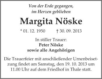 Traueranzeige von Margita Nöske von WVG - Wochenspiegel Quedlinburg